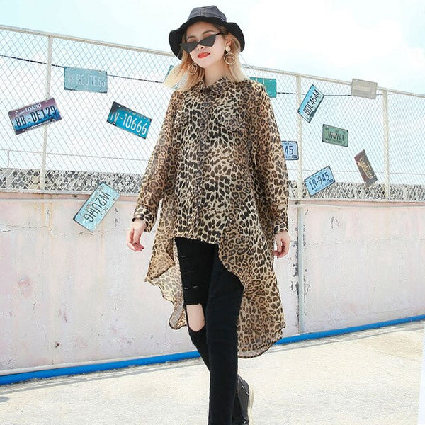 2019 Summer Chiffon Leopard Print Women Shirt Lapel Long Sleeve Asymmetrical Loose Slim Female Top Irregular Hem Women Blouse 97