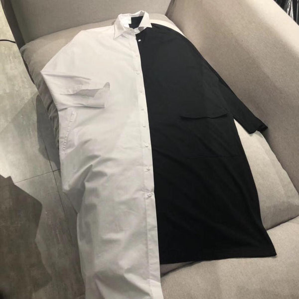 2019 summer new female irregular cut black and white stitching shirt 0525