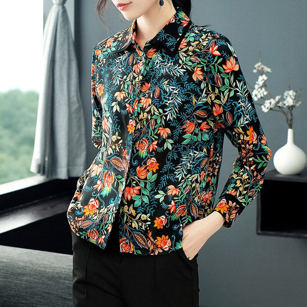 100% Silk Single Breasted Turn Down Collar Office Lady Work Print Dress 2019 New Women Spring Summer Long Sleeve Shirts