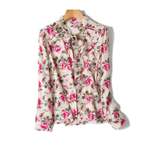 100%silk women sweet printed shirt full sleeve single breasted stand knotted collar multicolor S/L