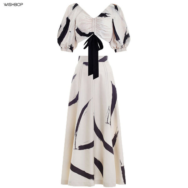 2018SS Cream Brushstroke PAINTED HEART Cropped BODICE  V neck Short sleeves Ruched tie BOW TOP+High waist panelled Midi Skirt