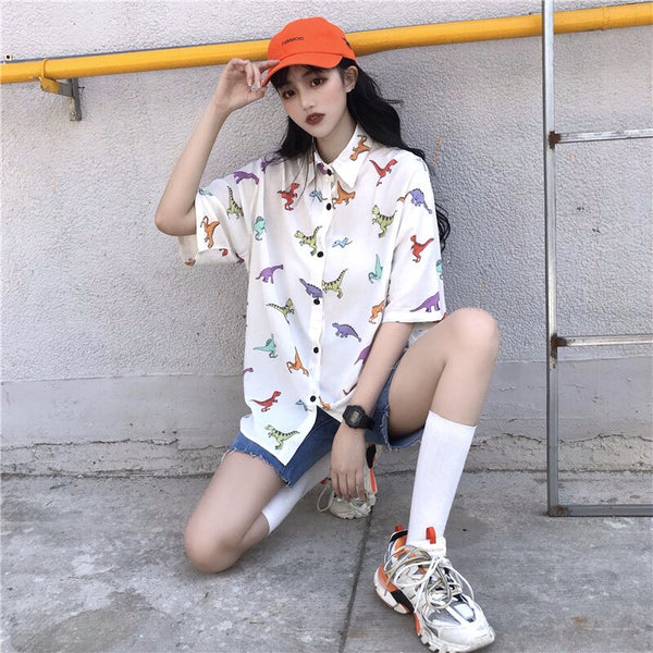 Funny Cartoon Dinosaur Cute Graphic Print Loose Blouse Korean Streetwear Harajuku Hip Hop Cardigan Shirt Top Pretty Blusas Women