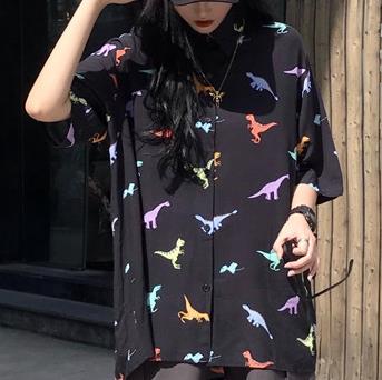 Funny Cartoon Dinosaur Cute Graphic Print Loose Blouse Korean Streetwear Harajuku Hip Hop Cardigan Shirt Top Pretty Blusas Women