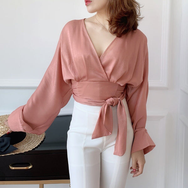 WHITNEY WANG 2019 Spring Summer Fashion Streetwear Sexy Deep V-neck Sashes Chiffon Blouse Women Bluasa Shirt Tops