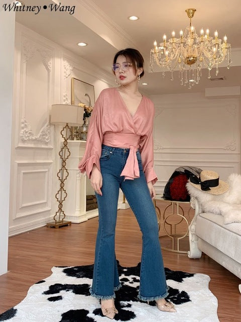 WHITNEY WANG 2019 Spring Summer Fashion Streetwear Sexy Deep V-neck Sashes Chiffon Blouse Women Bluasa Shirt Tops