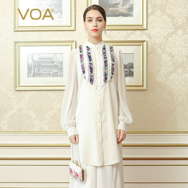 VOA Heavy Silk Blouse Plus Size 5XL Women Tops Solid White Office Shirt Ruffle Lantern Long Sleeve Casual Spring BSH02301