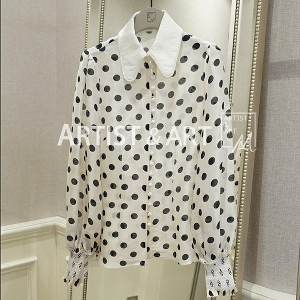 High-end Runway Tops Female 2019 Spring Elegant Long Sleeve Polka Dot Silk Linen Blouses And Shirts Womens