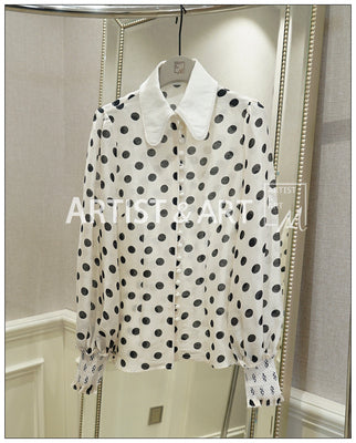 High-end Runway Tops Female 2019 Spring Elegant Long Sleeve Polka Dot Silk Linen Blouses And Shirts Womens