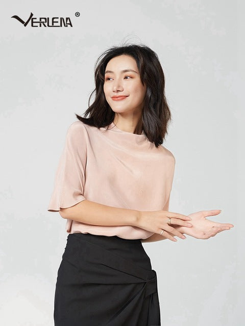 Verlena 2019 Elegant Pink 30mm Thick Silk Women Shirt Boat Collar Half Sleeve Buckle Buttons Casual Blouse Shirts Summer Tops