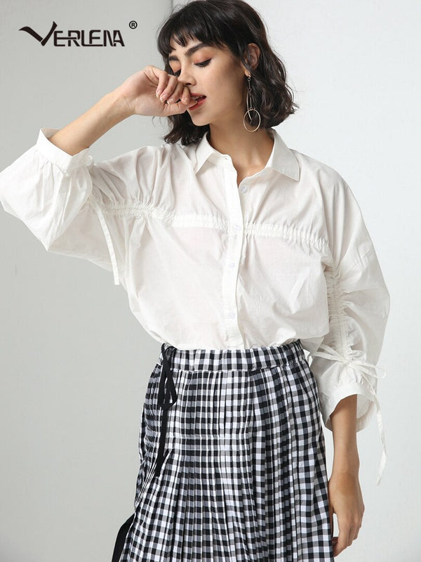 Verlena Loose Oversized Irregular Women White Blouse Long Sleeve Single Breasted Button Drawstring Point Collar Elegant Shirt