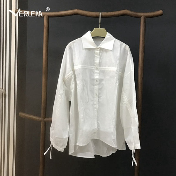 Verlena Loose Oversized Irregular Women White Blouse Long Sleeve Single Breasted Button Drawstring Point Collar Elegant Shirt