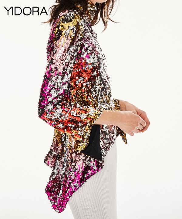 Fashion Runway 2018 New Women Round Neck One-Cold-Shoulder Long Sleeves Sequin & Shine Shirt Top Features Allover Sequin Overlay