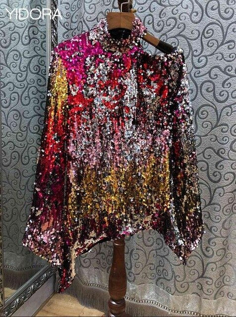 Fashion Runway 2018 New Women Round Neck One-Cold-Shoulder Long Sleeves Sequin & Shine Shirt Top Features Allover Sequin Overlay