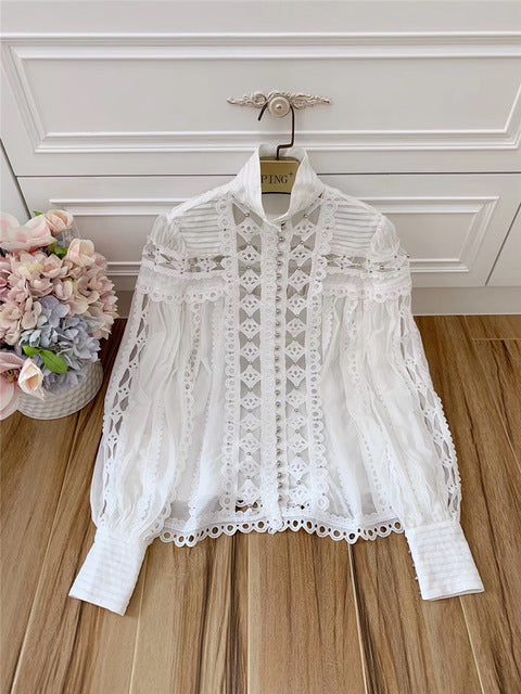 2019 spring and summer new water soluble flower hollow breathable heavy work rivet temperament silk cotton shirt female