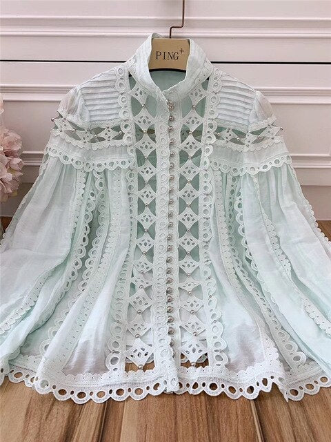 2019 spring and summer new water soluble flower hollow breathable heavy work rivet temperament silk cotton shirt female
