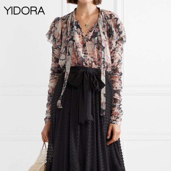 Silk 2018 Floral Print Tempest Frolic Blouse With Elasticated Ruched Sleeves & Front Button Up Closure & Necktie & Frills Detail