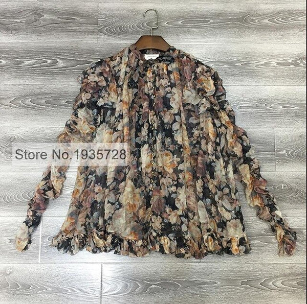 Silk 2018 Floral Print Tempest Frolic Blouse With Elasticated Ruched Sleeves & Front Button Up Closure & Necktie & Frills Detail