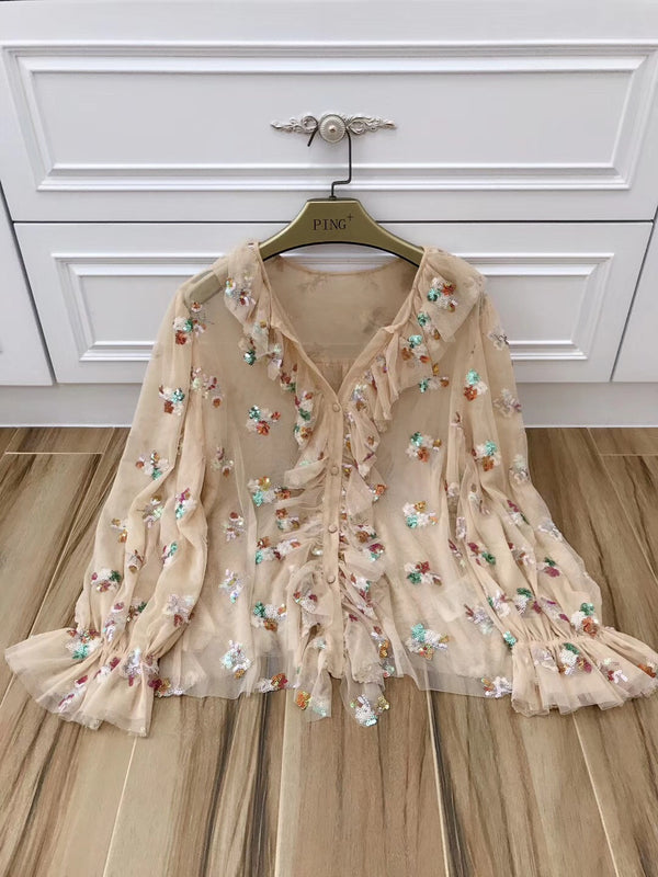 Spring and summer female V-neck lotus leaf lace lanterns elastic horn long-sleeved loose top