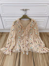 Spring and summer female V-neck lotus leaf lace lanterns elastic horn long-sleeved loose top