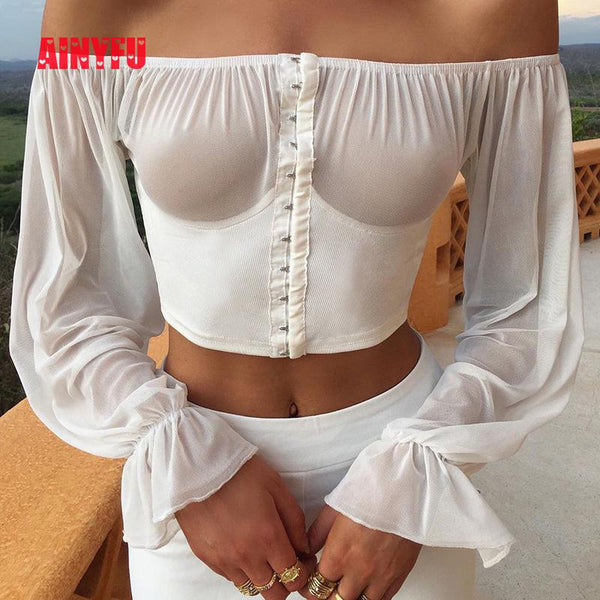 Solid White Sexy Slash Neck Women Chiffon Shirt Long Sleeve Patchwork Slim Crop Tops Femme Flare Sleeve Autumn Clothing Ladies