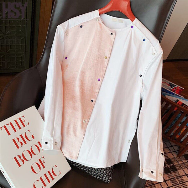 【HSY】2019 Autumn New High End Elegant Women Blouse White Pink Color Blocking Patchwork Enamel Buttons Long Sleeve O-neck Shirt
