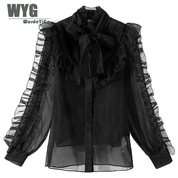 High Quality Organza Natural Silk Blouses 2019 Autumn New Self Bow Tie Pleated On Shoulder Elegant Rose Black Shirts Tops