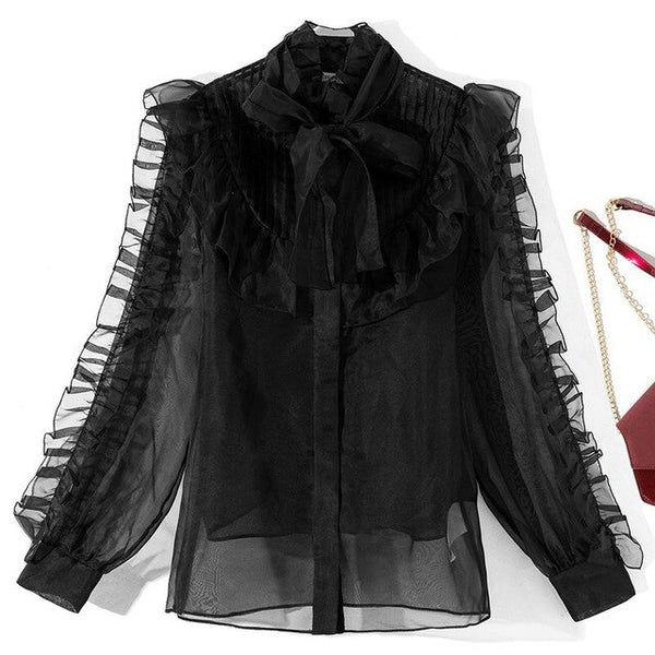 High Quality Organza Natural Silk Blouses 2019 Autumn New Self Bow Tie Pleated On Shoulder Elegant Rose Black Shirts Tops