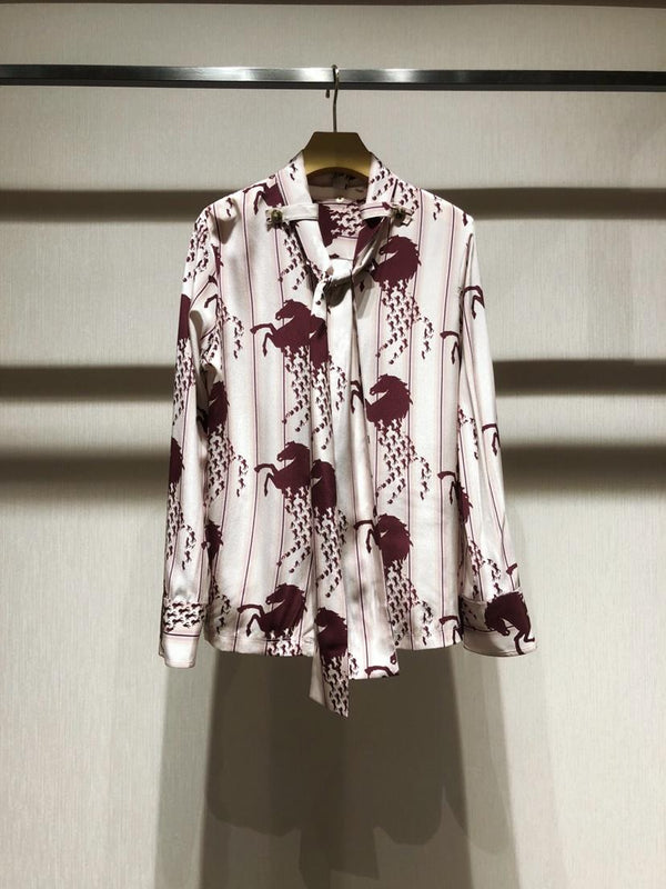 2019 new ladies fashion long-sleeved sexy silk print shirt 0720