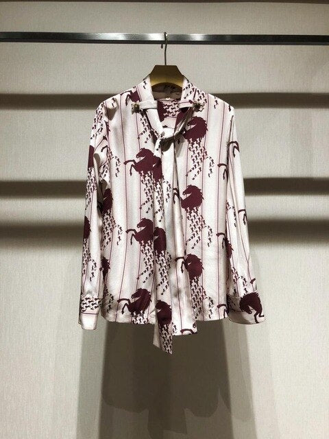 2019 new ladies fashion long-sleeved sexy silk print shirt 0720