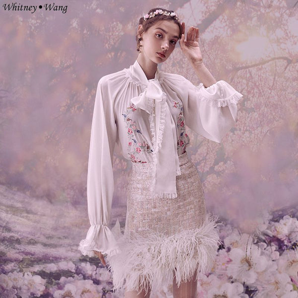 WHITNEY WANG 2019 Spring Fashion Streetwear Elegant Florals Embroidery Bow Blouse Women Blusas Office Lady Shirt Tops