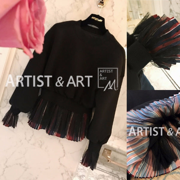 Hot Sale 2018 Spring Vintage Black Pullovers Women Mesh Sweatshirt Cute Ruffles Lantern Sleeve Top Girls