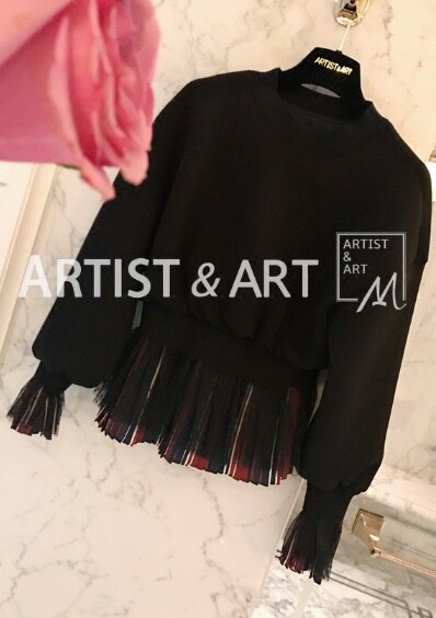 Hot Sale 2018 Spring Vintage Black Pullovers Women Mesh Sweatshirt Cute Ruffles Lantern Sleeve Top Girls