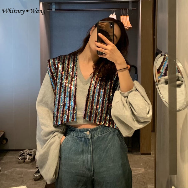 WHITNEY WANG 2019 Autumn Fashion Streetwear Designer Style Striped Sequins Sweatshirt Women Hoodies Pullovers