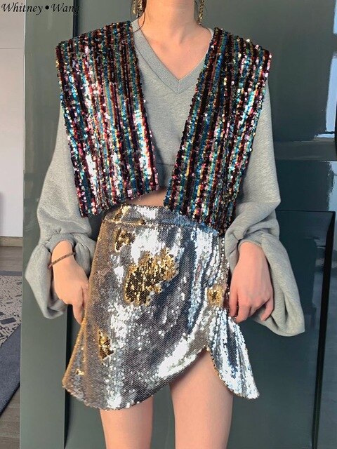 WHITNEY WANG 2019 Autumn Fashion Streetwear Designer Style Striped Sequins Sweatshirt Women Hoodies Pullovers
