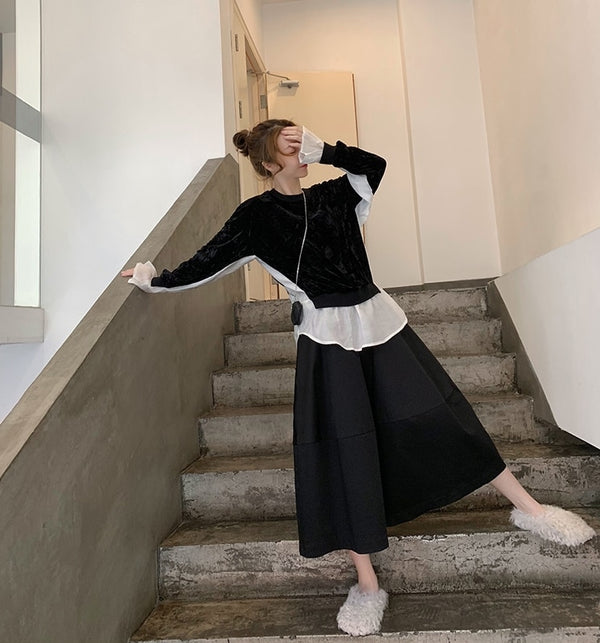 Individual Golden Velvet Sanitary Clothes Female Autumn and Winter Stitching Black and White Temperament False Two Loose Long Sl