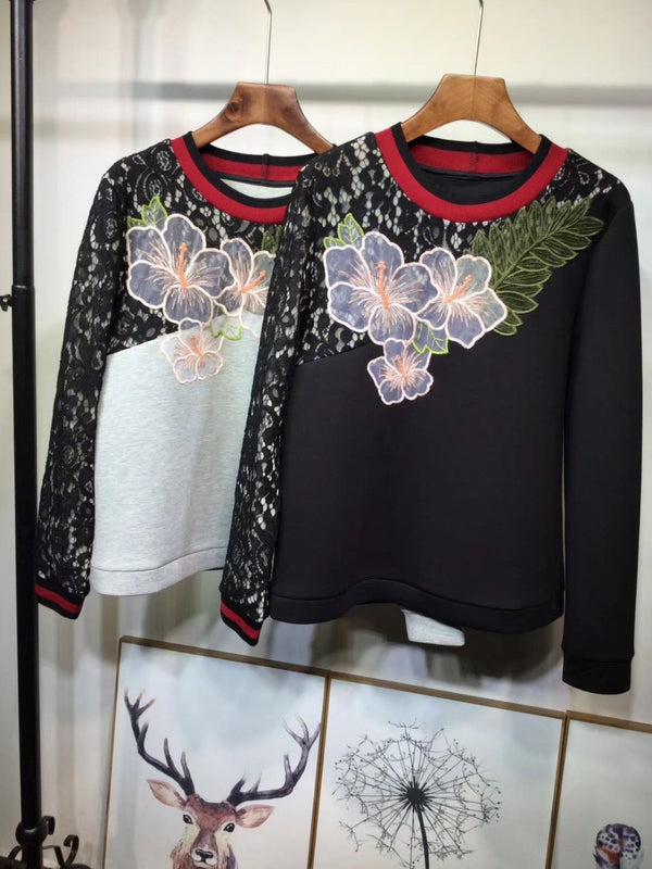 2018 New Style 100% Cotton Casual Clothes Long Sleeve Fashion Patchwork Lace Top Elegant Embroidery Women Pullovers