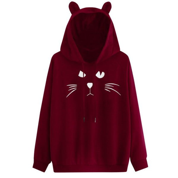 Cat Print Hooded Casual Sweatshirt Fashion Womens Cat Ear Printed Hoodie Sweatshirt Casual Pullover Tops Blouse Cute Sweatshirt