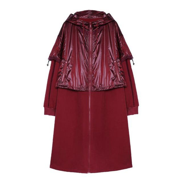 Fall Winter 2019 shiny fabric patchwork casual oversized long hoodies coat women