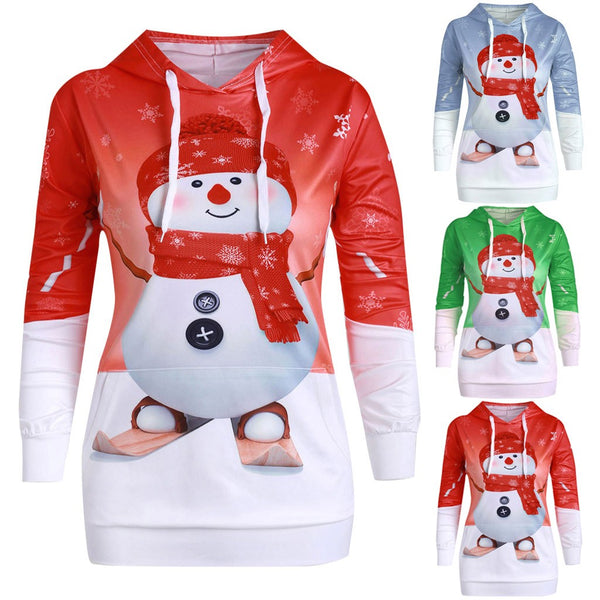 2019 Women Drawstring Hooded Hoodie Christmas Big Pocket Cartoon Snowman Printed Sweatshirt Pullover Top Sweter Z Kapturem
