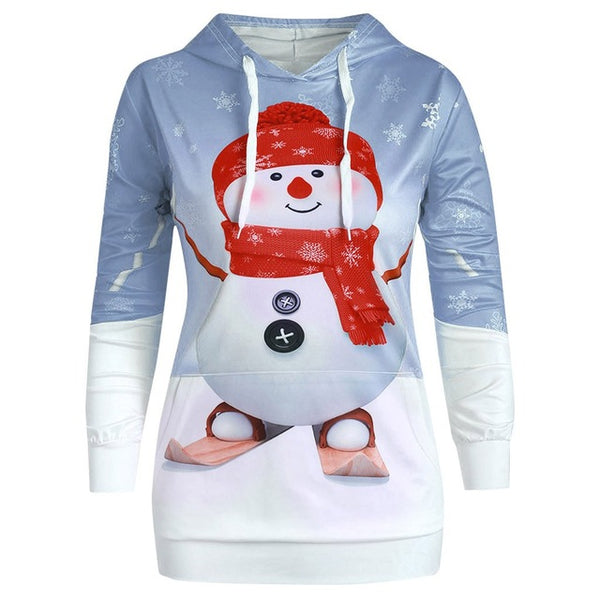 2019 Women Drawstring Hooded Hoodie Christmas Big Pocket Cartoon Snowman Printed Sweatshirt Pullover Top Sweter Z Kapturem