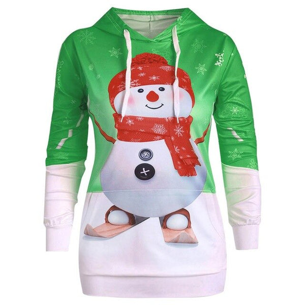 2019 Women Drawstring Hooded Hoodie Christmas Big Pocket Cartoon Snowman Printed Sweatshirt Pullover Top Sweter Z Kapturem