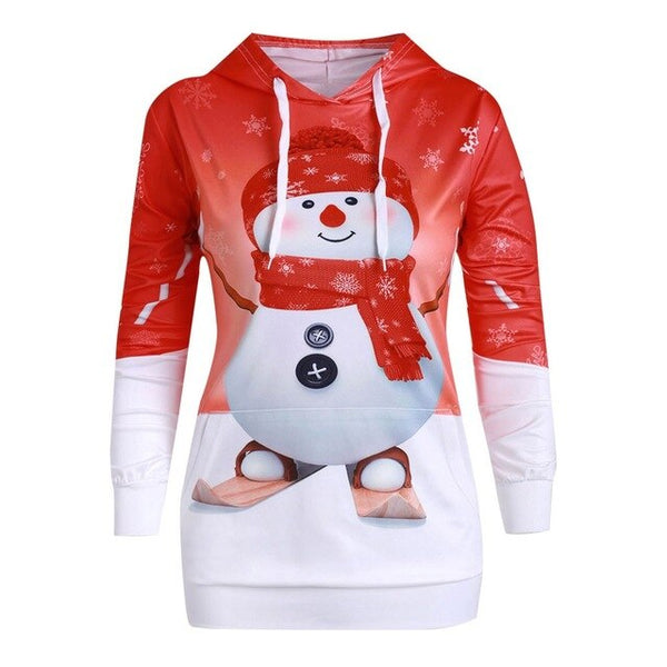 2019 Women Drawstring Hooded Hoodie Christmas Big Pocket Cartoon Snowman Printed Sweatshirt Pullover Top Sweter Z Kapturem