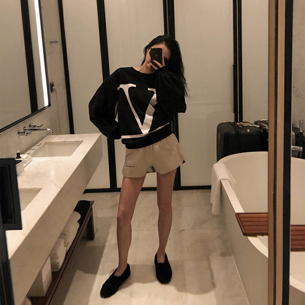 Designers Contrast Color Dropped Balloon Sleeve Sweatshirt Sporty Black/White Letter Logo Pattern Pullovers Cozy Chic Rib Tops