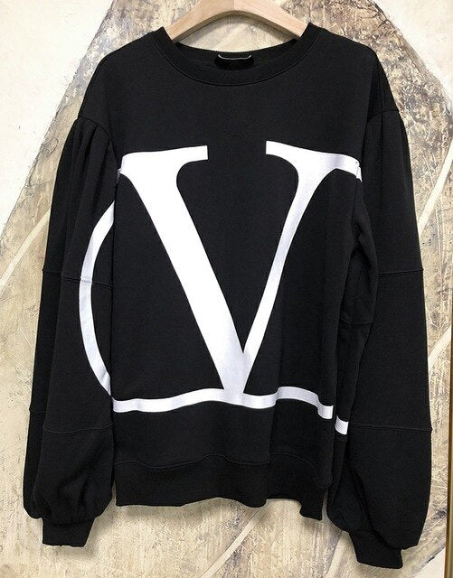 Designers Contrast Color Dropped Balloon Sleeve Sweatshirt Sporty Black/White Letter Logo Pattern Pullovers Cozy Chic Rib Tops