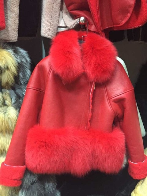 7 Colors Autumn Winter Warm Real Fur Coat Women With Real Fox Fur Trim Genuine Suede Leather Fur jackets