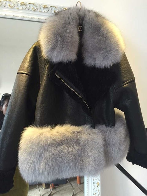 7 Colors Autumn Winter Warm Real Fur Coat Women With Real Fox Fur Trim Genuine Suede Leather Fur jackets