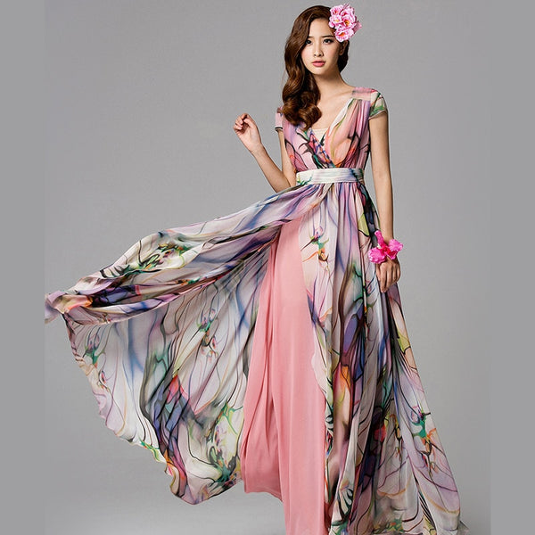 High Quality 2017 New Spring Summer Female Flower Print Long Maxi Dress Women High Waist Floor Length Slim Chiffon Dress Vestido
