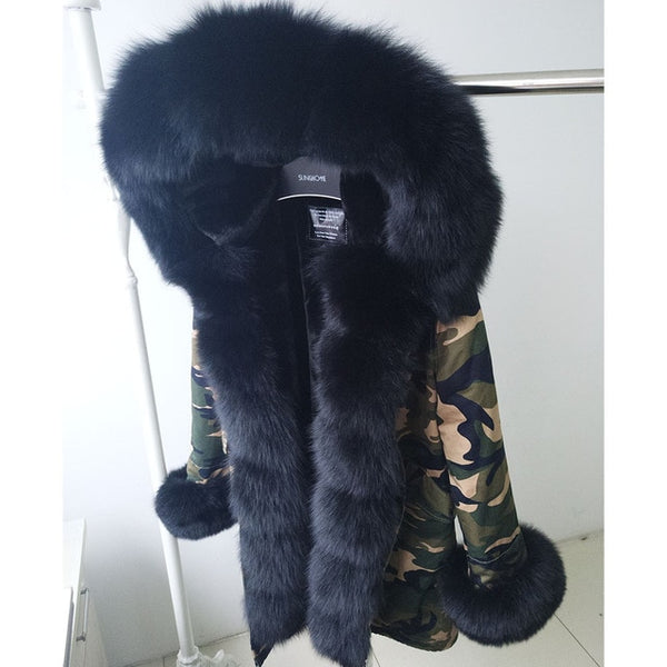 MAO MAO KONG Camouflage winter jacket women outwear thick parkas natural real fox fur collar coat