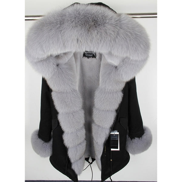 MaoMaoKong natural real fox fur Jacke coat Real Fox Fur Collar Cuff Hooded Coat Short Parka Long Camouflage winter jacket