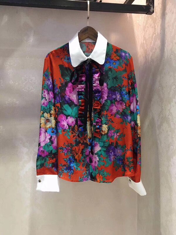 2017 woman lady ruffled flora printed silk blouse shirts tops
